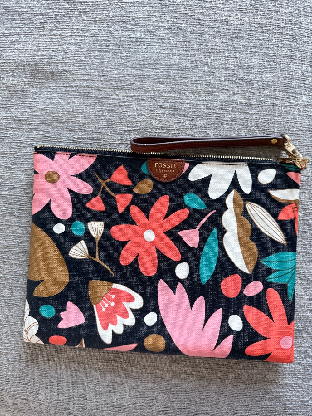Fossil Black Floral Wristlet Clutch with Pink & Coral Accents